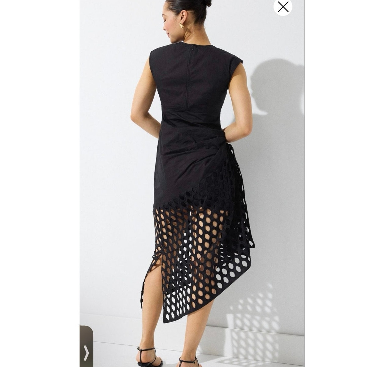 Diotima Black Sleeveless Openwork Mesh Overlay Asymmetrical Midi Dress Sz L — image 4 of 8